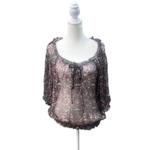 Ella Moss Sheer Floral Silk‎ Boho Peasant Blouse Black and Pink Size Small